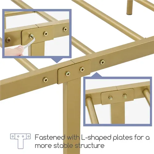 Cadre De Lit Double 140×200 Cm En Métal à 6 Pieds Avec Lattes En Métal, Or Antique