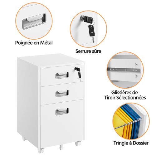 Caisson De Bureau à Roulettes En Bois Avec 3 Tiroirs Pour Dossiers Format A4/format Lettre, Blanc