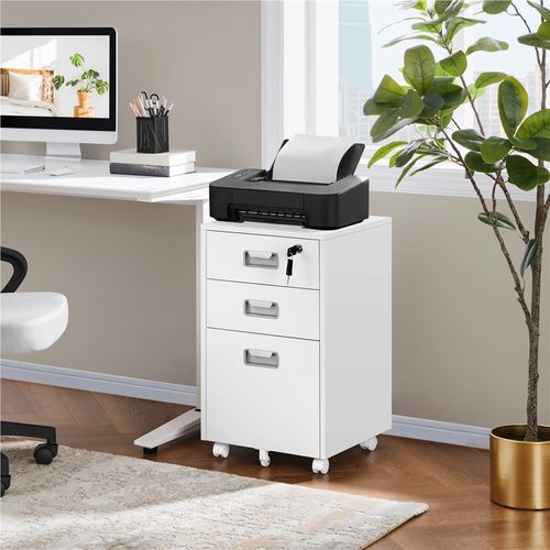 Caisson De Bureau à Roulettes En Bois Avec 3 Tiroirs Pour Dossiers Format A4/format Lettre, Blanc