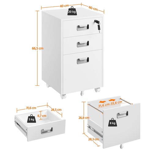 Caisson De Bureau à Roulettes En Bois Avec 3 Tiroirs Pour Dossiers Format A4/format Lettre, Blanc