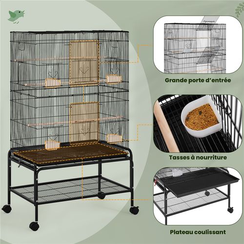 Grande Cage Pour Oiseau Sur Pied Avec Roulettes Et 2 Étagères Avec Support, Noir