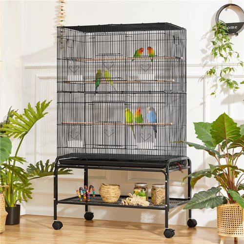 Grande Cage Pour Oiseau Sur Pied Avec Roulettes Et 2 Étagères Avec Support, Noir