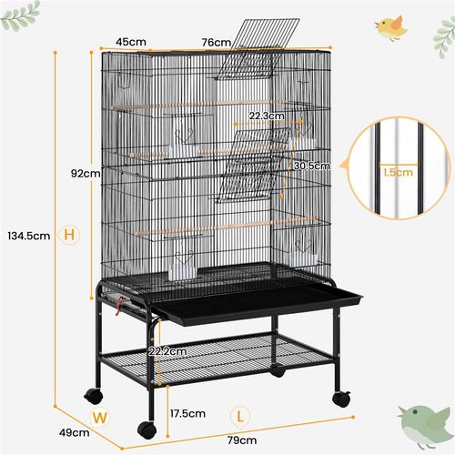 Grande Cage Pour Oiseau Sur Pied Avec Roulettes Et 2 Étagères Avec Support, Noir
