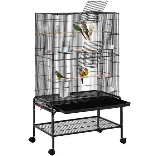 Grande Cage Pour Oiseau Sur Pied Avec Roulettes Et 2 Étagères Avec Support, Noir