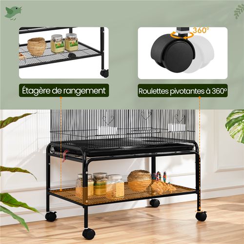 Grande Cage Pour Oiseau Sur Pied Avec Roulettes Et 2 Étagères Avec Support, Noir