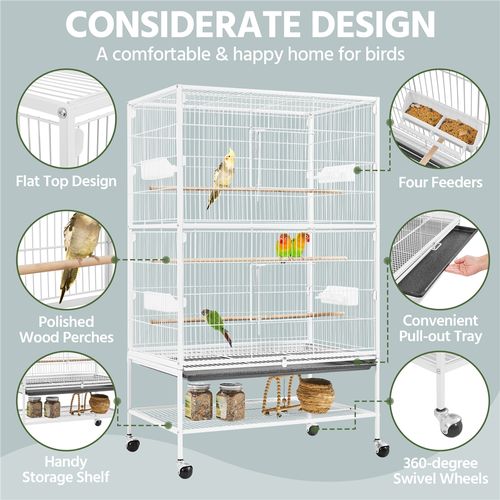 Cage à Oiseaux En Métal Avec Support Roulant, Étagère De Rangement Et Fond Amovible, Blanc