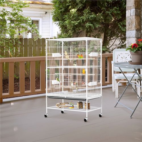 Cage à Oiseaux En Métal Avec Support Roulant, Étagère De Rangement Et Fond Amovible, Blanc