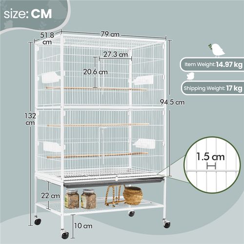 Cage à Oiseaux En Métal Avec Support Roulant, Étagère De Rangement Et Fond Amovible, Blanc
