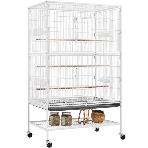 Cage à Oiseaux En Métal Avec Support Roulant, Étagère De Rangement Et Fond Amovible, Blanc