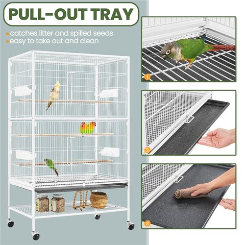 Cage à Oiseaux En Métal Avec Support Roulant, Étagère De Rangement Et Fond Amovible, Blanc