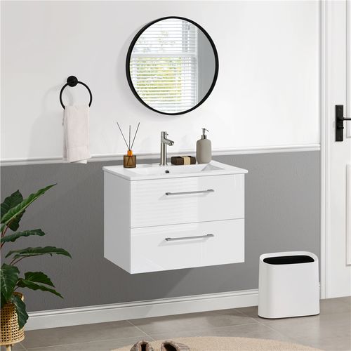 Meuble Vasque Salle De Bain 60 Cm à 2 Tiroirs Avec Vasque Intégrée En Céramique, Blanc