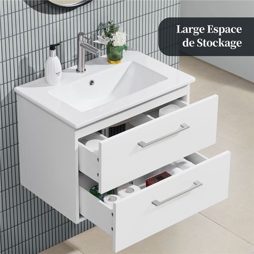 Meuble Vasque Salle De Bain 60 Cm à 2 Tiroirs Avec Vasque Intégrée En Céramique, Blanc