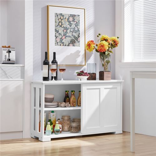 Buffet En Bois Avec 2 Portes Coulissantes Et Étagère Réglable En Hauteur, Blanc