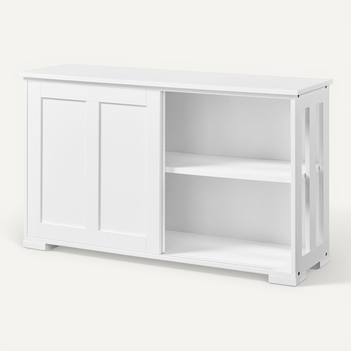 Buffet En Bois Avec 2 Portes Coulissantes Et Étagère Réglable En Hauteur, Blanc