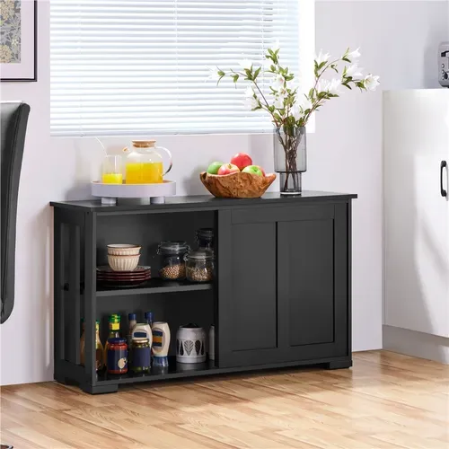 Buffet En Bois Avec 2 Portes Coulissantes Et Étagère Réglable En Hauteur, Noir