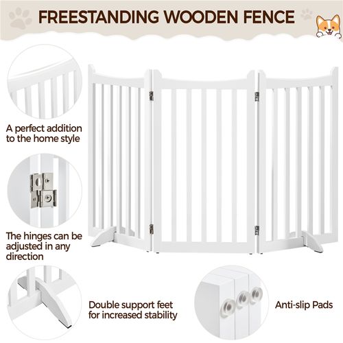 Barrière De Sécurité Chien En Bois à 3 Panneaux Avec 2 Pieds De Support, Blanc