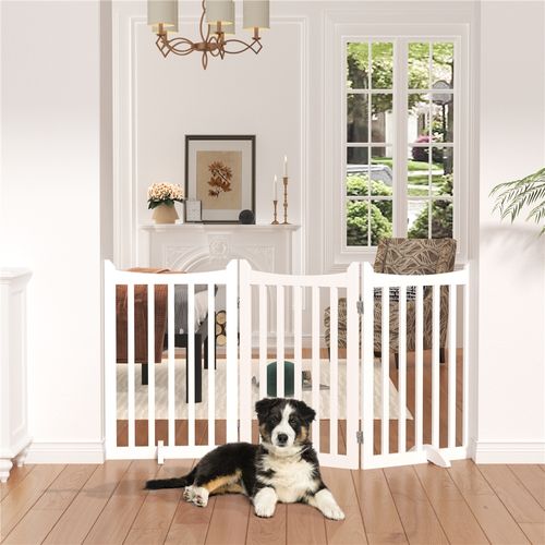 Barrière De Sécurité Chien En Bois à 3 Panneaux Avec 2 Pieds De Support, Blanc