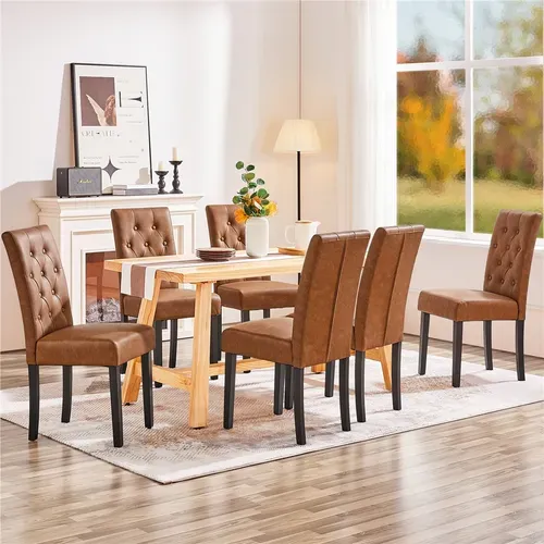 Lot De 6 Chaises De Salle à Manger Haut Dossier Capitonné Et Assise Rembourrées, Brun Rustique