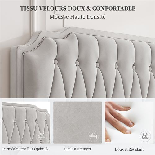 Lit Double Classique En Bois Massif Avec Sommier Et Tête De Lit, 140 × 200 Cm, Beige