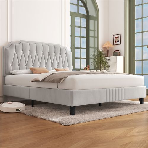 Lit Double Classique En Bois Massif Avec Sommier Et Tête De Lit, 140 × 200 Cm, Beige