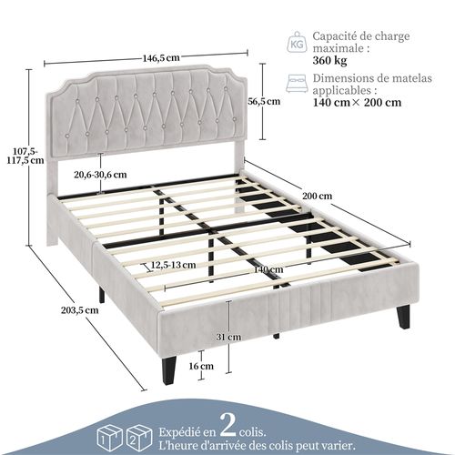 Lit Double Classique En Bois Massif Avec Sommier Et Tête De Lit, 140 × 200 Cm, Beige