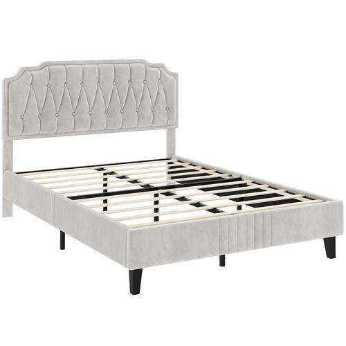 Lit Double Classique En Bois Massif Avec Sommier Et Tête De Lit, 140 × 200 Cm, Beige