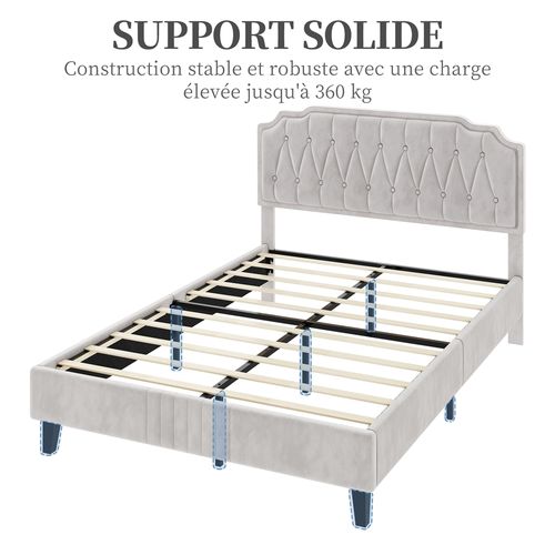 Lit Double Classique En Bois Massif Avec Sommier Et Tête De Lit, 140 × 200 Cm, Beige