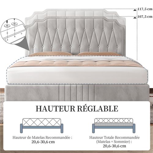 Lit Double Classique En Bois Massif Avec Sommier Et Tête De Lit, 140 × 200 Cm, Beige