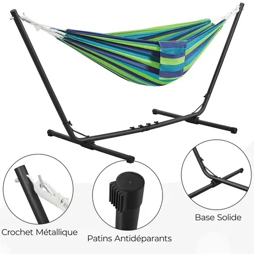 Hamac Double Sur Pied Avec Support En Métal Charge Maximale 205 Kg, Rayures Bleu-vert
