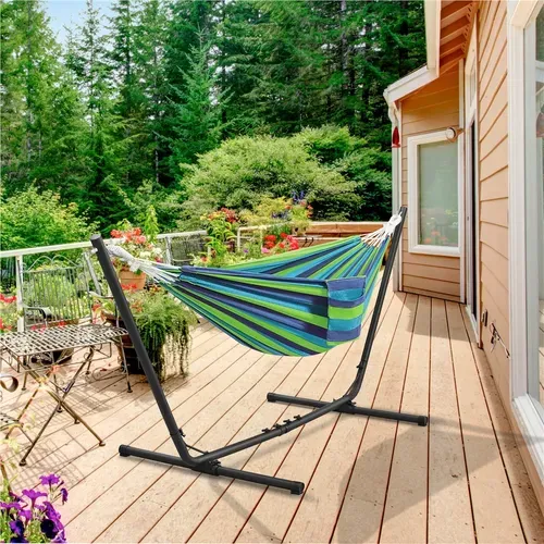 Hamac Double Sur Pied Avec Support En Métal Charge Maximale 205 Kg, Rayures Bleu-vert