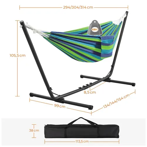 Hamac Double Sur Pied Avec Support En Métal Charge Maximale 205 Kg, Rayures Bleu-vert