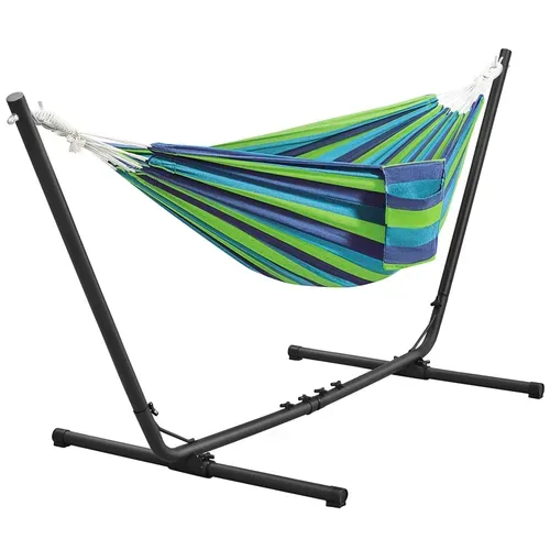 Hamac Double Sur Pied Avec Support En Métal Charge Maximale 205 Kg, Rayures Bleu-vert