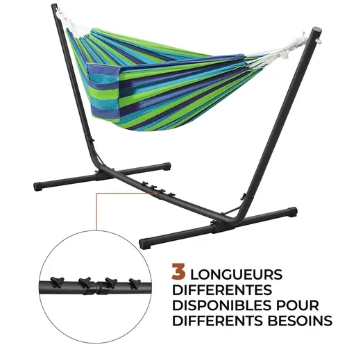 Hamac Double Sur Pied Avec Support En Métal Charge Maximale 205 Kg, Rayures Bleu-vert