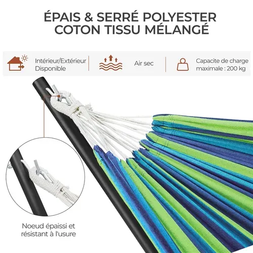 Hamac Double Sur Pied Avec Support En Métal Charge Maximale 205 Kg, Rayures Bleu-vert