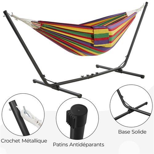 Hamac Double Sur Pied Avec Support En Métal Charge Maximale 205 Kg, Rayures Arc-en-ciel