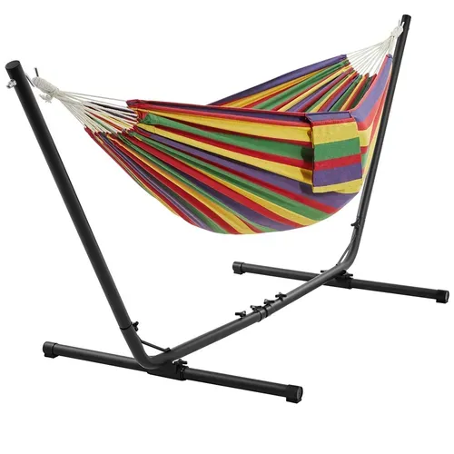 Hamac Double Sur Pied Avec Support En Métal Charge Maximale 205 Kg, Rayures Arc-en-ciel