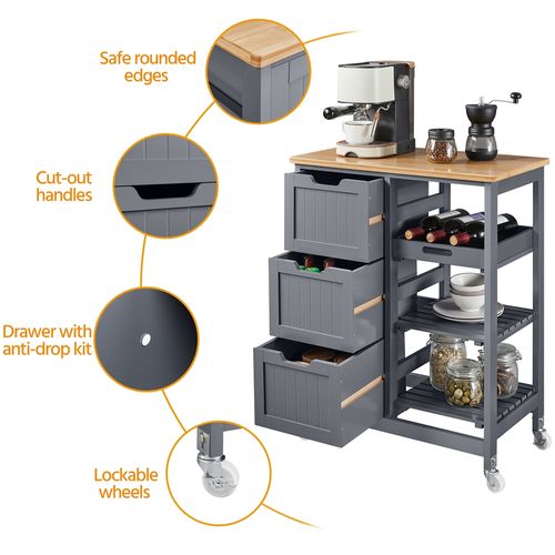 Chariot à Roulettes Cuisine En Bois Avec 3 Tiroirs Et 3 Etagères, Gris Foncé