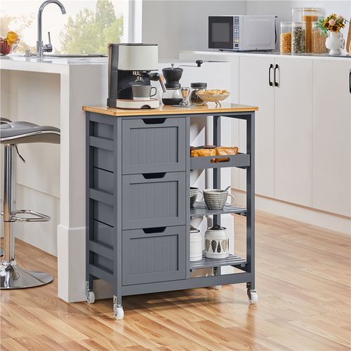 Chariot à Roulettes Cuisine En Bois Avec 3 Tiroirs Et 3 Etagères, Gris Foncé