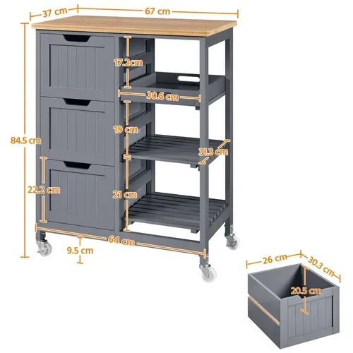 Chariot à Roulettes Cuisine En Bois Avec 3 Tiroirs Et 3 Etagères, Gris Foncé