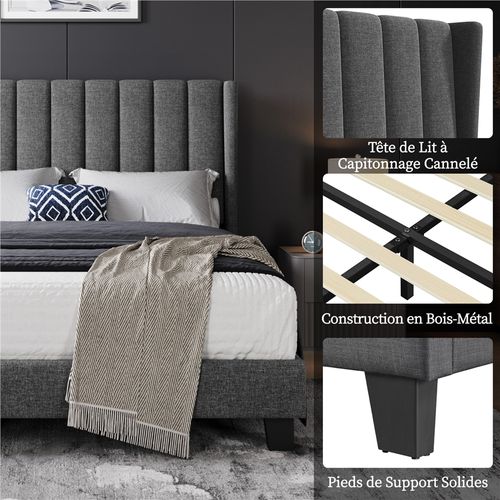 Lit Double Rembourré Moderne 140x200 Cm, Avec Sommier En Bois Et Métal - Gris Foncé