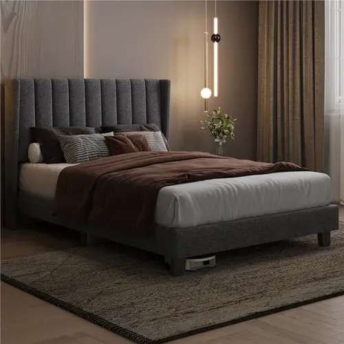 Lit Double Rembourré Moderne 140x200 Cm, Avec Sommier En Bois Et Métal - Gris Foncé