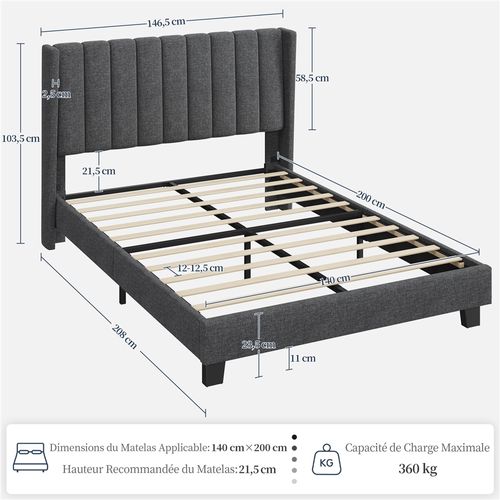 Lit Double Rembourré Moderne 140x200 Cm, Avec Sommier En Bois Et Métal - Gris Foncé
