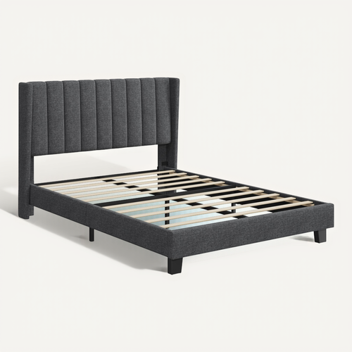 Lit Double Rembourré Moderne 140x200 Cm, Avec Sommier En Bois Et Métal - Gris Foncé