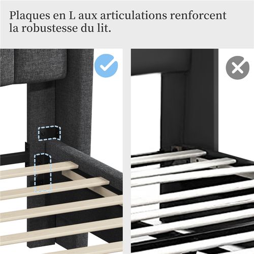 Lit Double Rembourré Moderne 140x200 Cm, Avec Sommier En Bois Et Métal - Gris Foncé