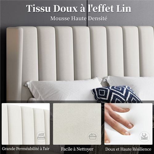 Lit Double Rembourré/capitonné Avec Sommier En Bois/métal, Cadre De Lits Adultes 140 × 200 Cm Beige