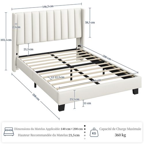 Lit Double Rembourré/capitonné Avec Sommier En Bois/métal, Cadre De Lits Adultes 140 × 200 Cm Beige