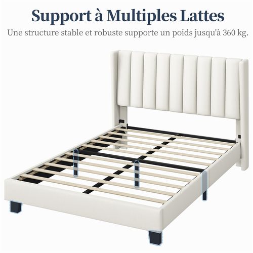 Lit Double Rembourré/capitonné Avec Sommier En Bois/métal, Cadre De Lits Adultes 140 × 200 Cm Beige