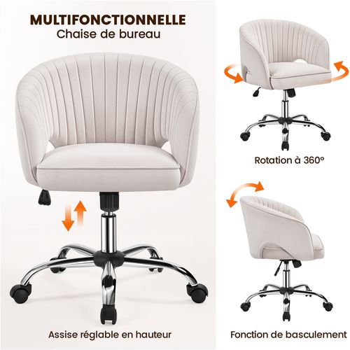 Chaise De Bureau En Velours Avec Roulettes Et Assise Réglable En Hauteur, Crème