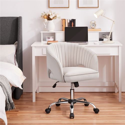 Chaise De Bureau En Velours Avec Roulettes Et Assise Réglable En Hauteur, Crème