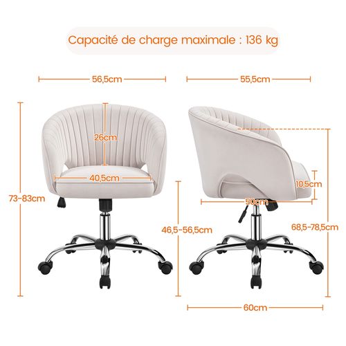 Chaise De Bureau En Velours Avec Roulettes Et Assise Réglable En Hauteur, Crème